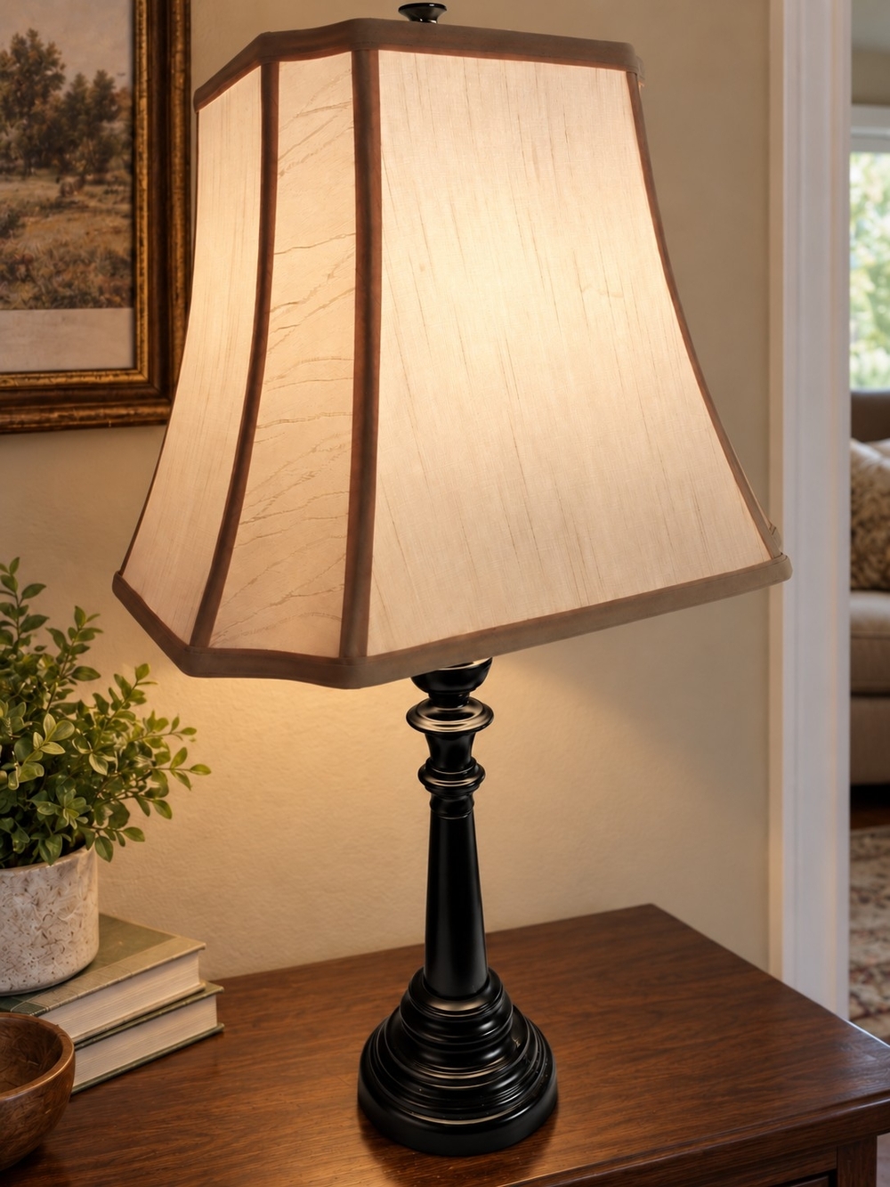 Classic Black Table Lamp with Beige Fabric Shade